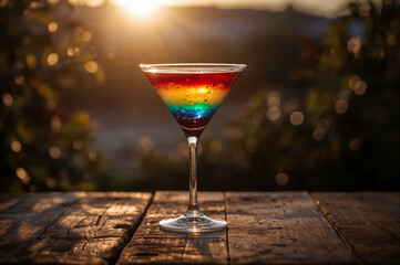 Vibrant rainbow layered cocktail in martini glass at sunset