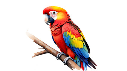 Obraz premium Vibrant Watercolor scarlet macaw parrot perched on a branch against a white background