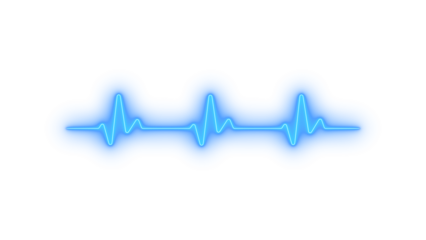 Glowing blue neon heart rate pulse line on transparent background representing medical monitoring, vital signs, heartbeat activity, health technology, cardiology diagnostics and emergency care screen