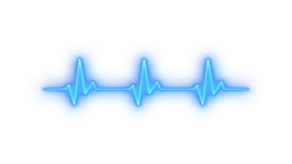 Neon glowing blue heartbeat line on transparent background representing health monitoring, medical pulse, cardiology technology, life signal, heart rate diagram, ekg screen