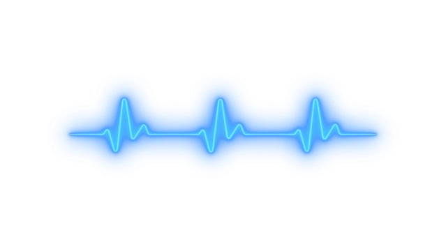 Glowing blue neon heart rate pulse line on transparent background representing medical monitoring, vital signs, heartbeat activity, health technology, cardiology diagnostics and emergency care screen