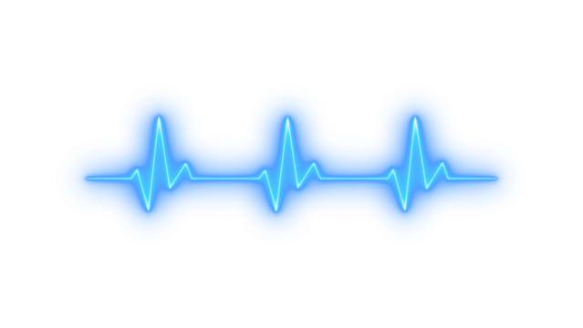 Neon glowing blue heartbeat line on transparent background representing health monitoring, medical pulse, cardiology technology, life signal, heart rate diagram, ekg screen