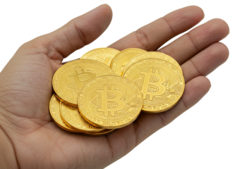 Golden coins in hand cryptocurrency investment concept