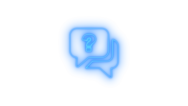 Neon glowing question mark icon inside chat bubbles on transparent background representing online help, faq support, digital query messaging, customer inquiry, troubleshooting, chatbot