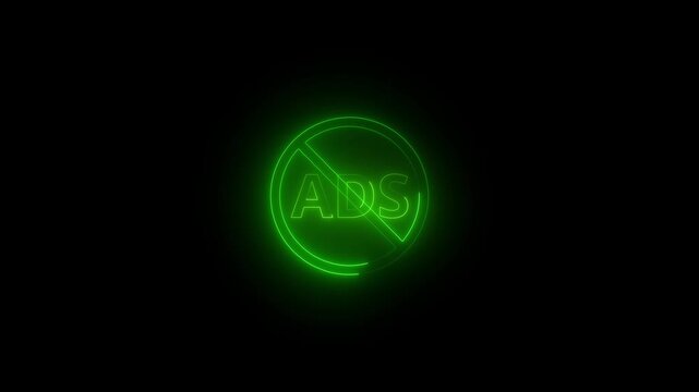 Glowing Neon Green Ad Forbidden Icon Animation .Neon Ad Blocked Icon Animation &ndash; Modern Glowing Sign for Advertising Restrictions, Content Filtering, and Digital Safety Campaigns 