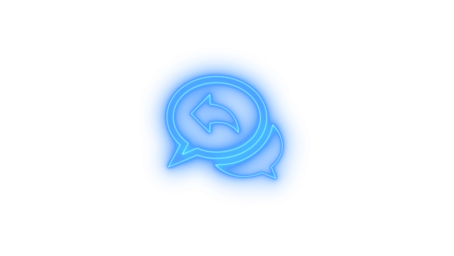 Neon glowing reply arrow in chat bubbles icon on transparent background representing response, communication, feedback, messaging, customer answer, digital interface, support and conversation concept