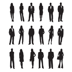 Business people silhouettes, professional attire, corporate team concept, minimal black style, modern and elegant look. Group of professional silhouettes in a row.