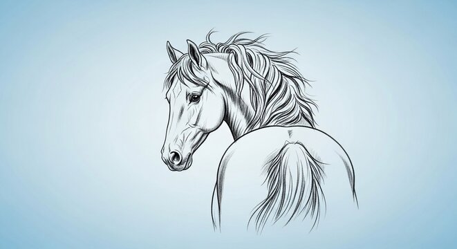 Elegant hand-drawn sketch of a horse with a flowing mane looking back over its shoulder.