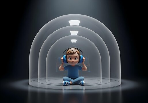 3d cartoon illustration of a neurodivergent kid girl sitting inside layered transparent dome wearing blue headphones, concept of sensory hypersensitivity and autism awareness
