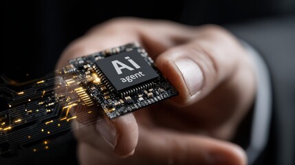 A businessman engaging with a holographic AI representation that symbolizes the future of human and artificial intelligence collaboration in a modern business environment