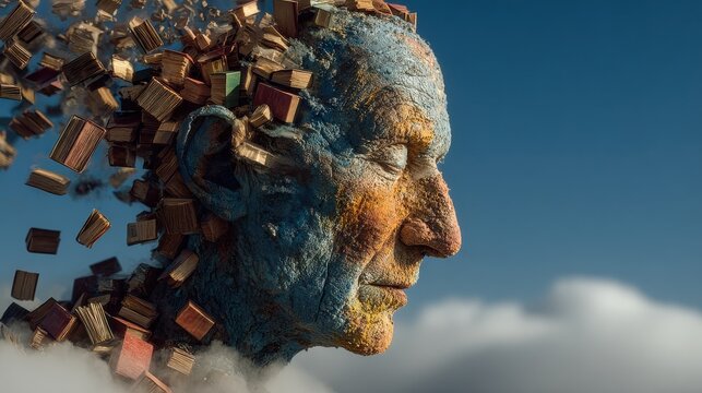 A magnificent figure crafted from a multitude of books and objects gracefully suspended amidst a backdrop of cloudy skies