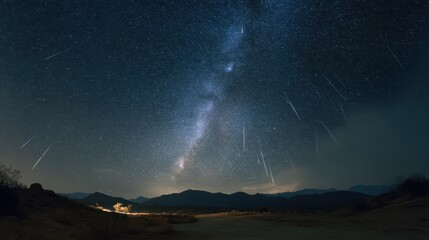 Full Night Sky with Meteor Showers Over Desert Landscape