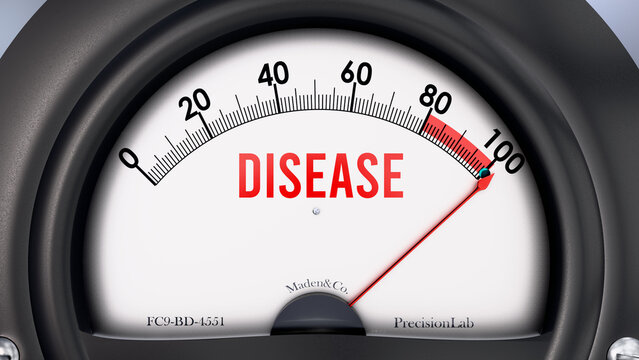 Disease that is hitting a full scale, showing rising levels of disease, possibly overload of it, too much of it. Maximum value, off the charts.  ,3d illustration
