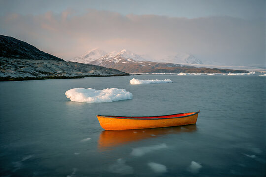 boat in the bay in front of icebergs