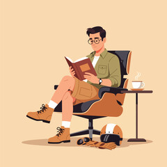 Cartoon man illustration of a biker character enjoying a quiet moment. This young reader sits in a modern armchair with a book and coffee, his helmet nearby. Vector design for lifestyle concepts.