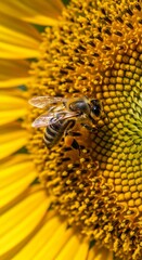 Honeybee gathering pollen on vibrant yellow sunflower, close-up shot showcasing nature's beauty and pollination