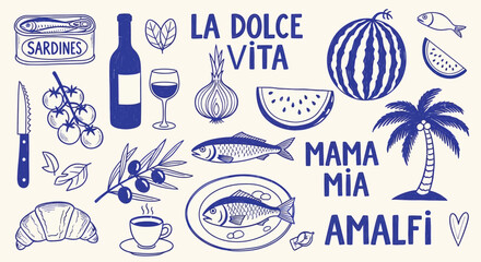 Italian coastal life and food illustration with la dolce vita theme