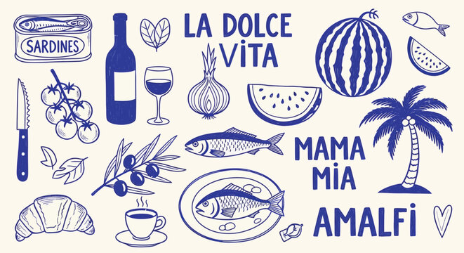 Italian coastal life and food illustration with la dolce vita theme