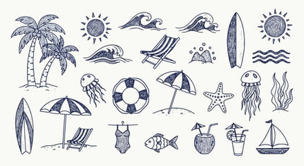Hand-drawn Summer Beach Icons:  Palm Trees, Ocean Waves, Surfboards,  Beach Umbrella,  Relaxing Chairs,  Jellyfish, Starfish, and Tropical Drinks.