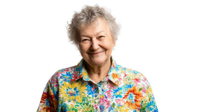 Senior Woman Smiling with Floral Shirt PNG - Powered by Adobe