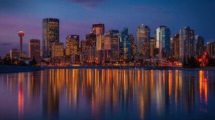 Fototapeta premium Tall buildings glow brilliantly against the twilight city skyline. 