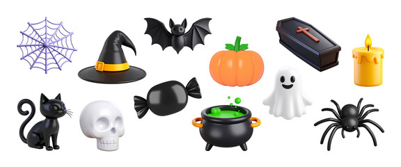 Set of Halloween clipart elements such as bat, cobweb, spider, cat, candle, candy, pumpkin, cauldron, ghost, witch hat, skull and coffin isolated. 3d rendering. PNG with transparent background