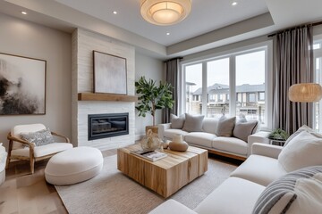 Modern living room with a fireplace, couch and large window.