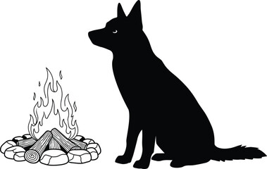 Dog Sitting By Campfire Silhouette: Loyal Companion Warming by the Fire, Outdoor Adventure, Camping Trip, Black Vector Illustration.
