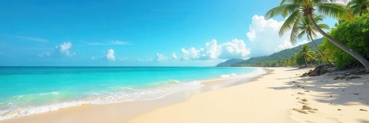 Fototapeta premium Expansive tropical beach with turquoise ocean white sand palm trees and lush green mountains under a bright blue sky