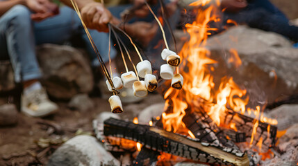 Toasting sweet marshmallows over campfire flames for outdoor fun and relaxation