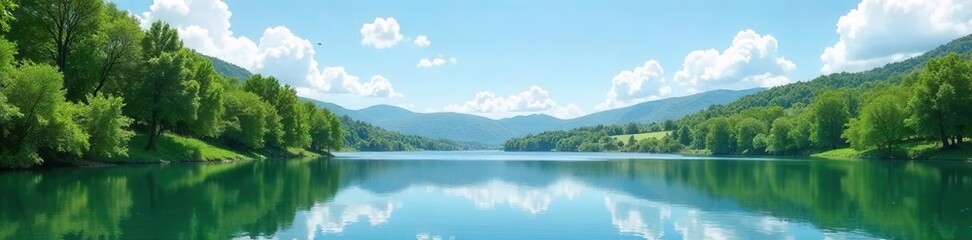 Fototapeta premium Wide panorama of tranquil lake surrounded by lush green forest and mountains under a bright blue sky