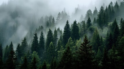 Foggy Pine Forest with Mysterious Atmosphere in Natural Landscape
