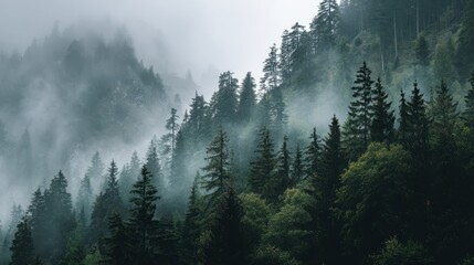 Foggy Atmosphere in Pine Forest Surrounded by Majestic Mountains