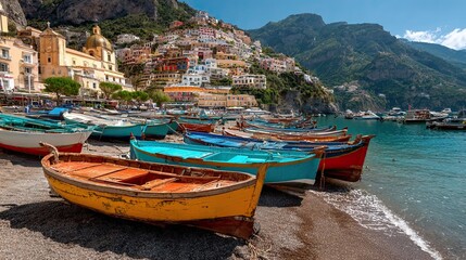 Obraz premium Colorful fishing boats were lined up in Positano’s harbor, creating a picturesque and lively scene by the water.
