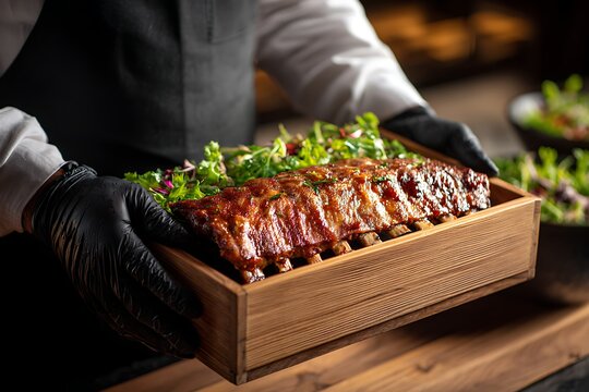 Waiter in Black Gloves Offers BQ Ribs and Salad pork ribs barbecue