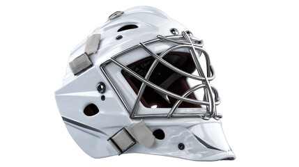 White ice hockey goalie mask with silver cage and straps