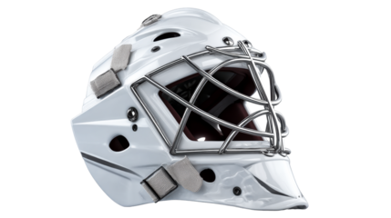 White ice hockey goalie mask with silver cage and straps