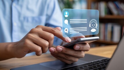 AI Chatbot - A man using a smartphone, with a chatbot icon and a chat bubble, symbolizing conversational AI and customer support