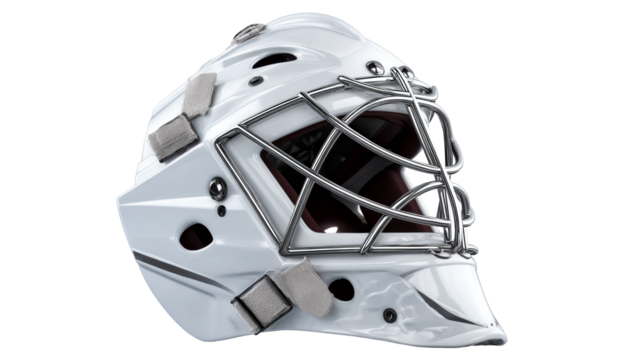 White ice hockey goalie mask with silver cage and straps