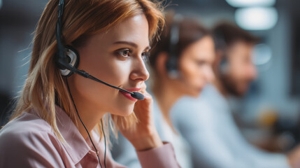 Female Call Center Agent with Headset at Workstation