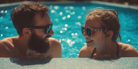 The joyful bond between a father and daughter by a swimming pool.