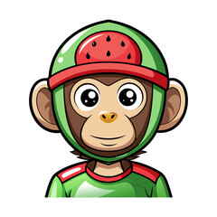 Playful Cartoon Monkey Wearing a Watermelon Helmet Vector Illustration for Fun Summer, Kids Apparel, Tropical Fruit Festival, and Whimsical Design Projects