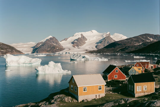 Small Village in an Icefjord with Icebergs