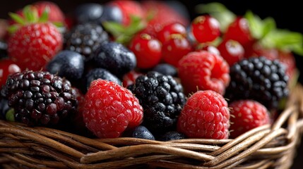 Fresh berries in a woven basket sit ready to be enjoyed on a sunny morning.