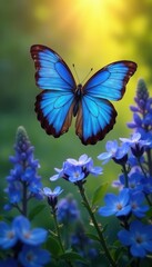 Bright blue butterfly hovering above delicate blue wildflowers in a sunlit meadow