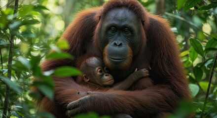Tender Embrace: Orangutan Mother and Baby in Lush Rainforest Canopy