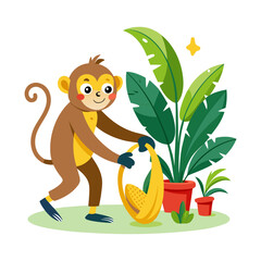 Playful Monkey Watering Banana Plant Vector Illustration for Tropical Nature, Farming, Gardening, Wildlife, Jungle and Agriculture Themed Creative Art