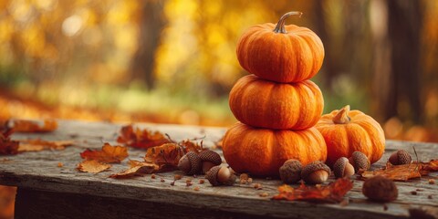 The vibrant pumpkins stacked beautifully on a rustic wooden table in autumn.