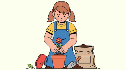 Young Girl Planting a Flower in a Pot with Gardening Tools.
