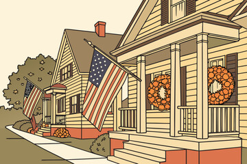 Fototapeta premium American flags and autumn wreaths displayed on porches for Veterans Day commemorations in small-town USA.